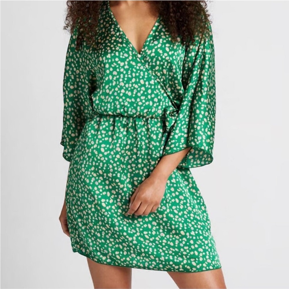 Modcloth Mini Wrap Satin Dress 3/4 Sleeves w/ Beige Spots in Emerald Sz 2X